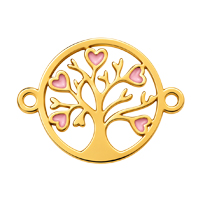 Schmuckconnector Lebensbaum mit rosa Herzen 12mm, Edelstahl poliert, gold