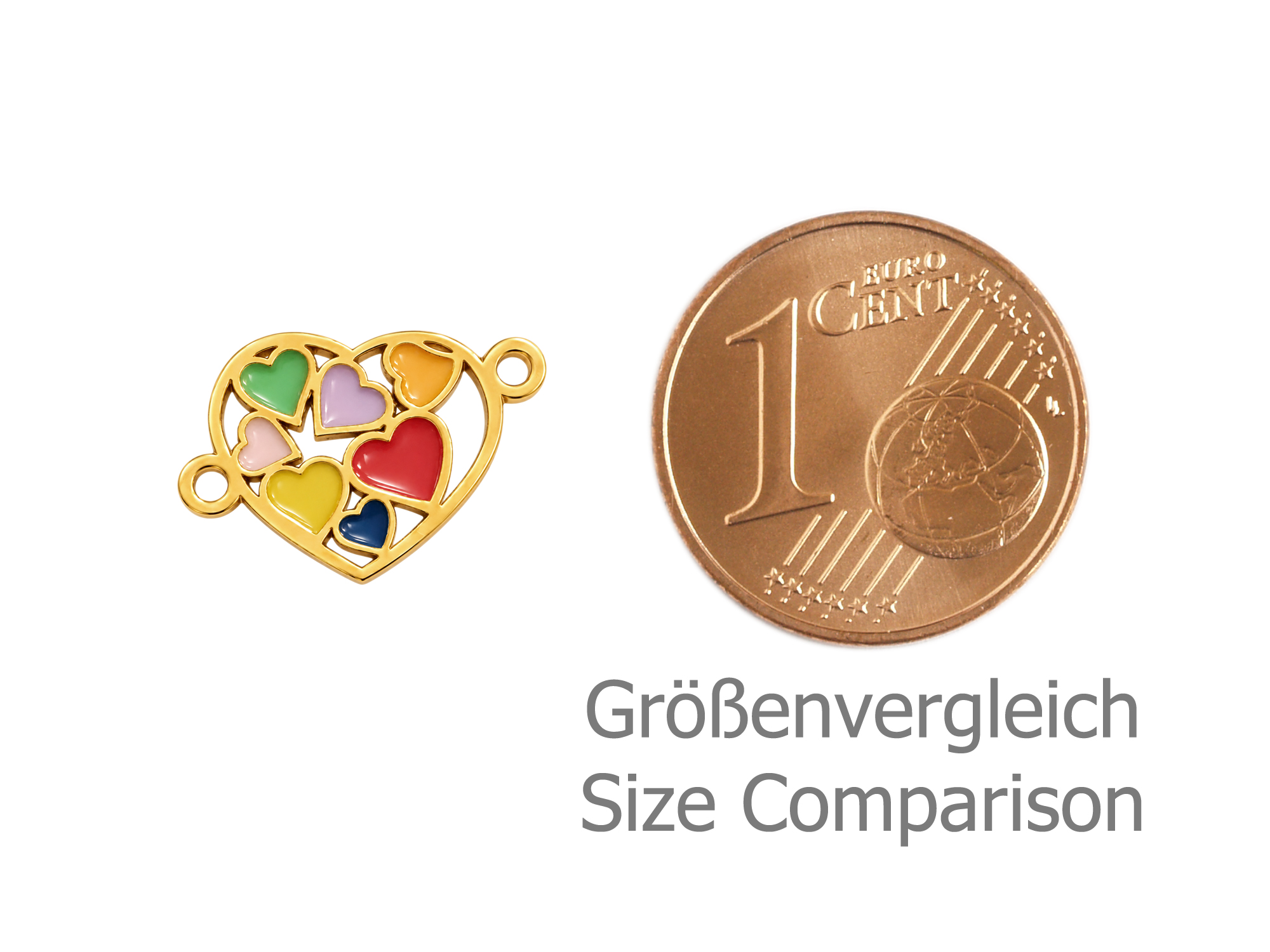 goldener Schmuckconnector, Herz mit 7 bunten Herzen - Größen