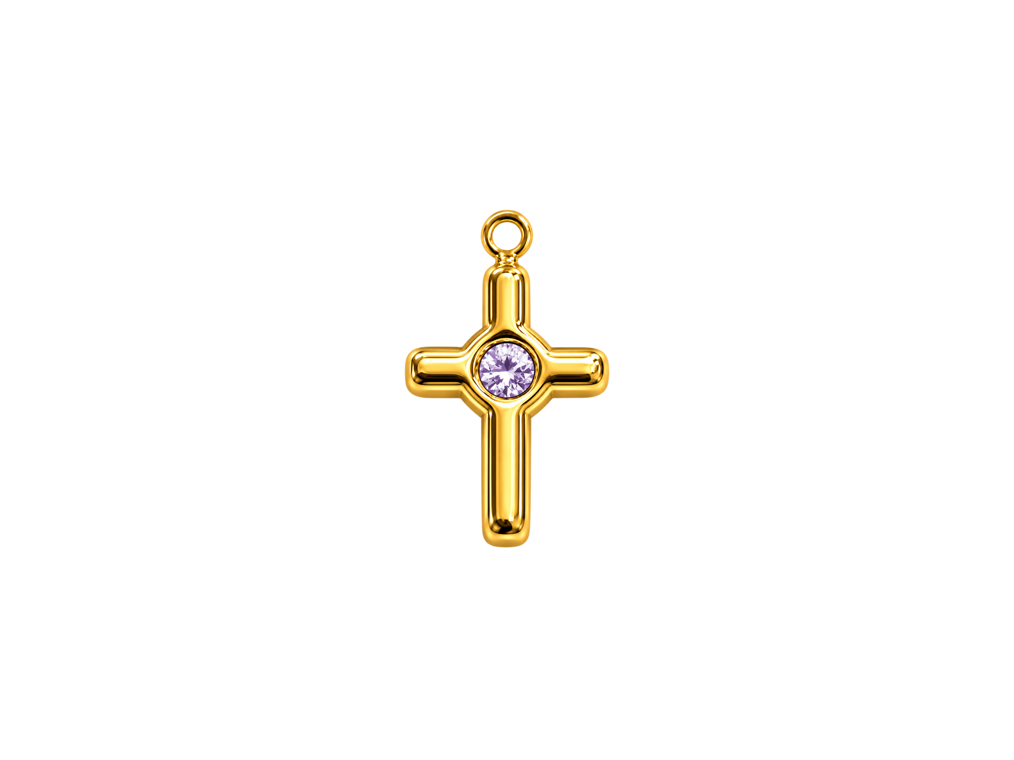 kleiner goldener Kreuzanhänger mit einem violetten Glitzerst