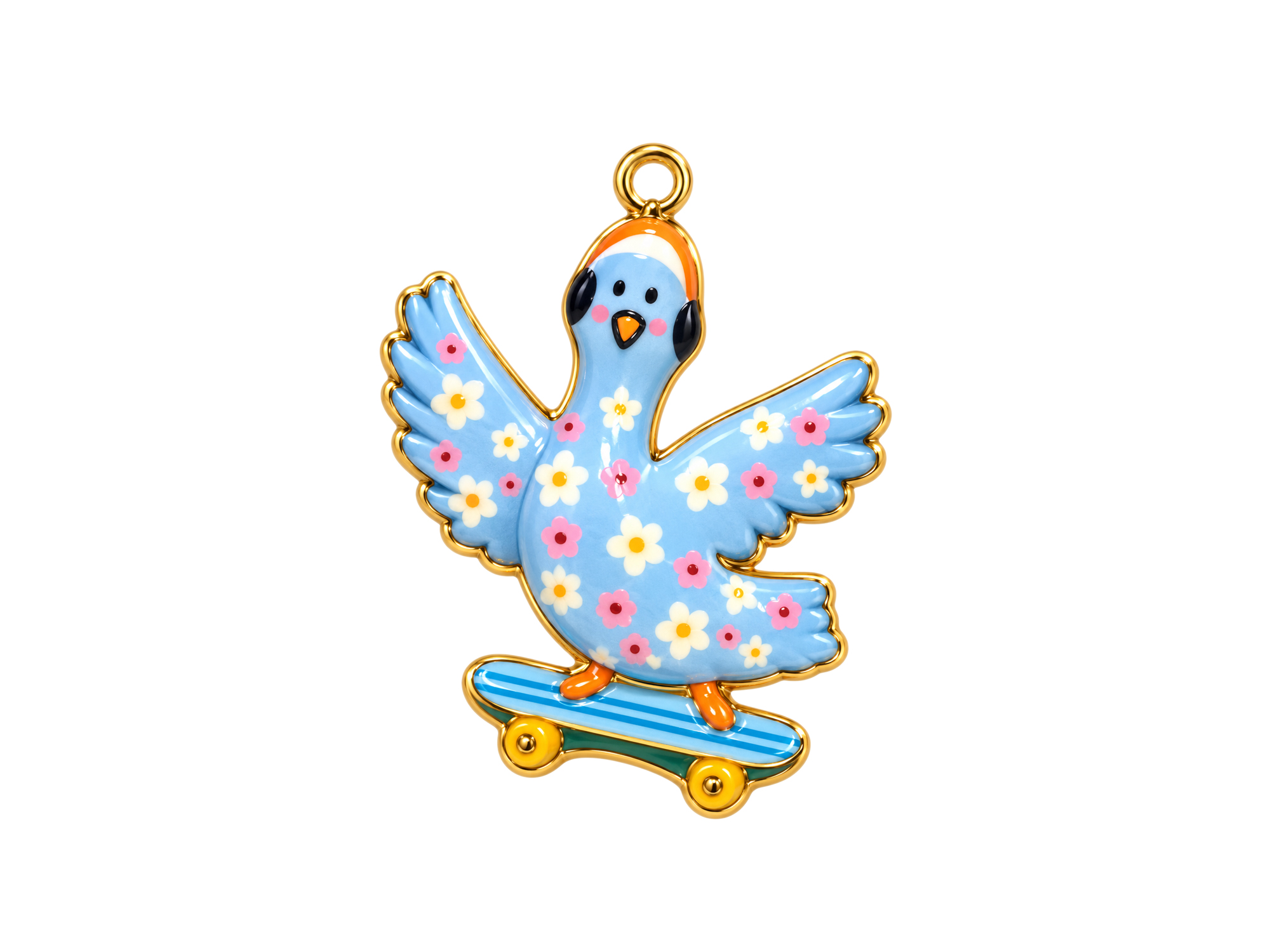 bunter Schmuckanhänger hellblaue Taube auf einem Skateboard