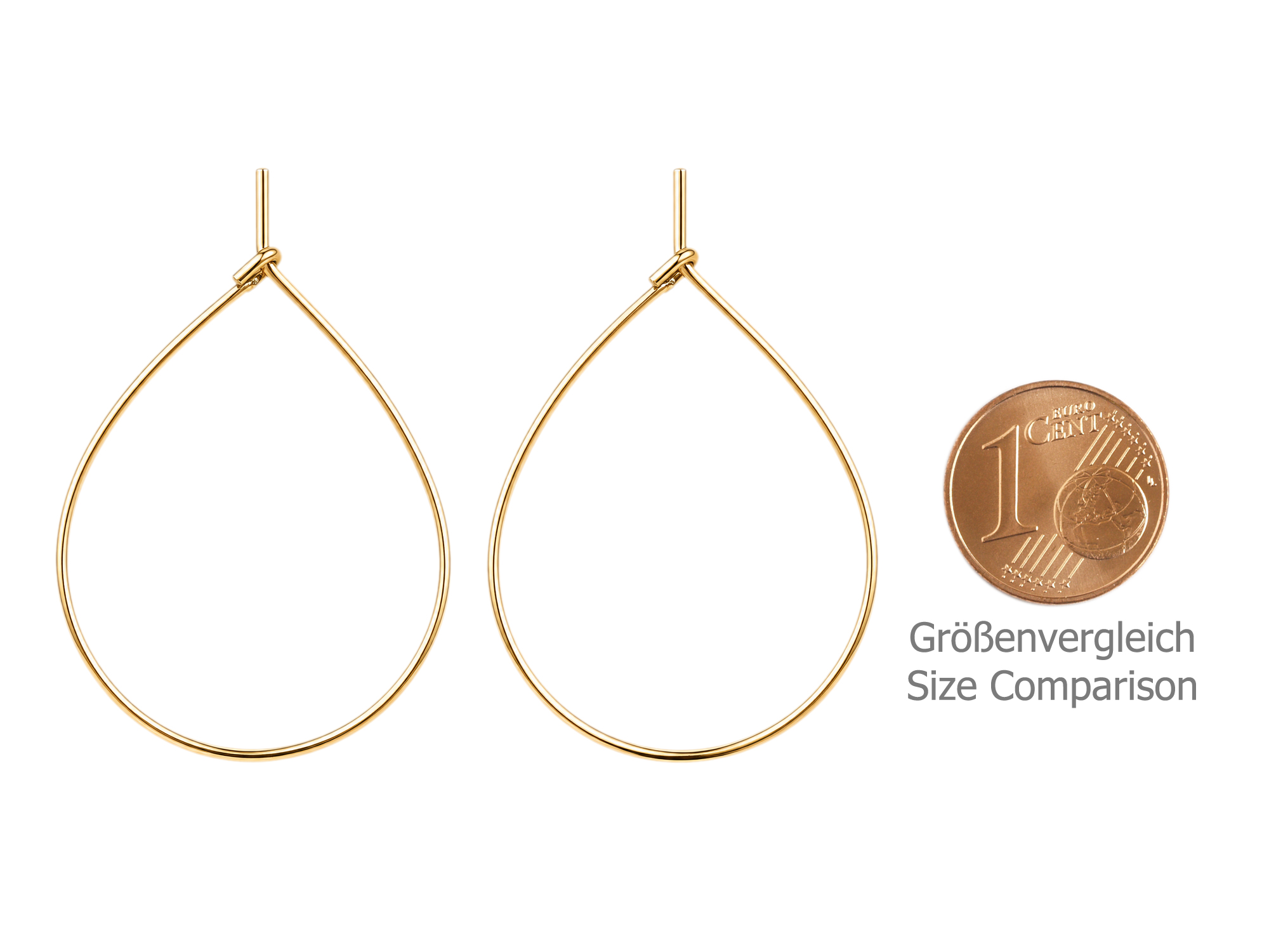golden hoop earring frames, teardrops ~40×30mm - size compar