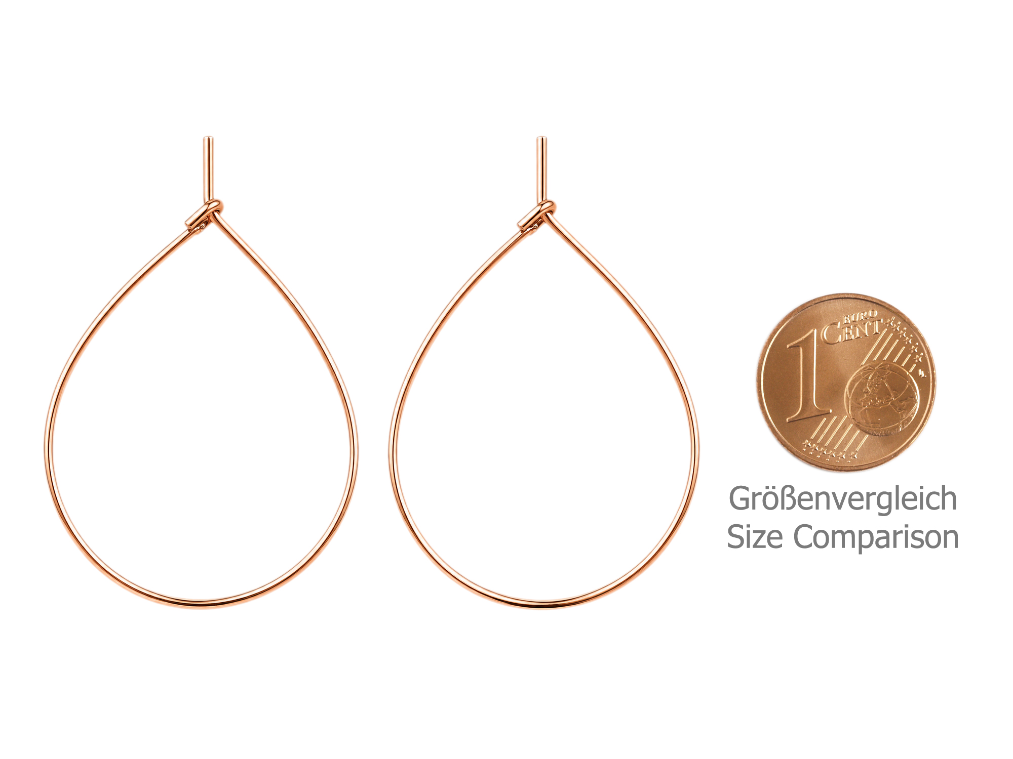 rose gold hoop earring frames, teardrops ~40×30mm - size com