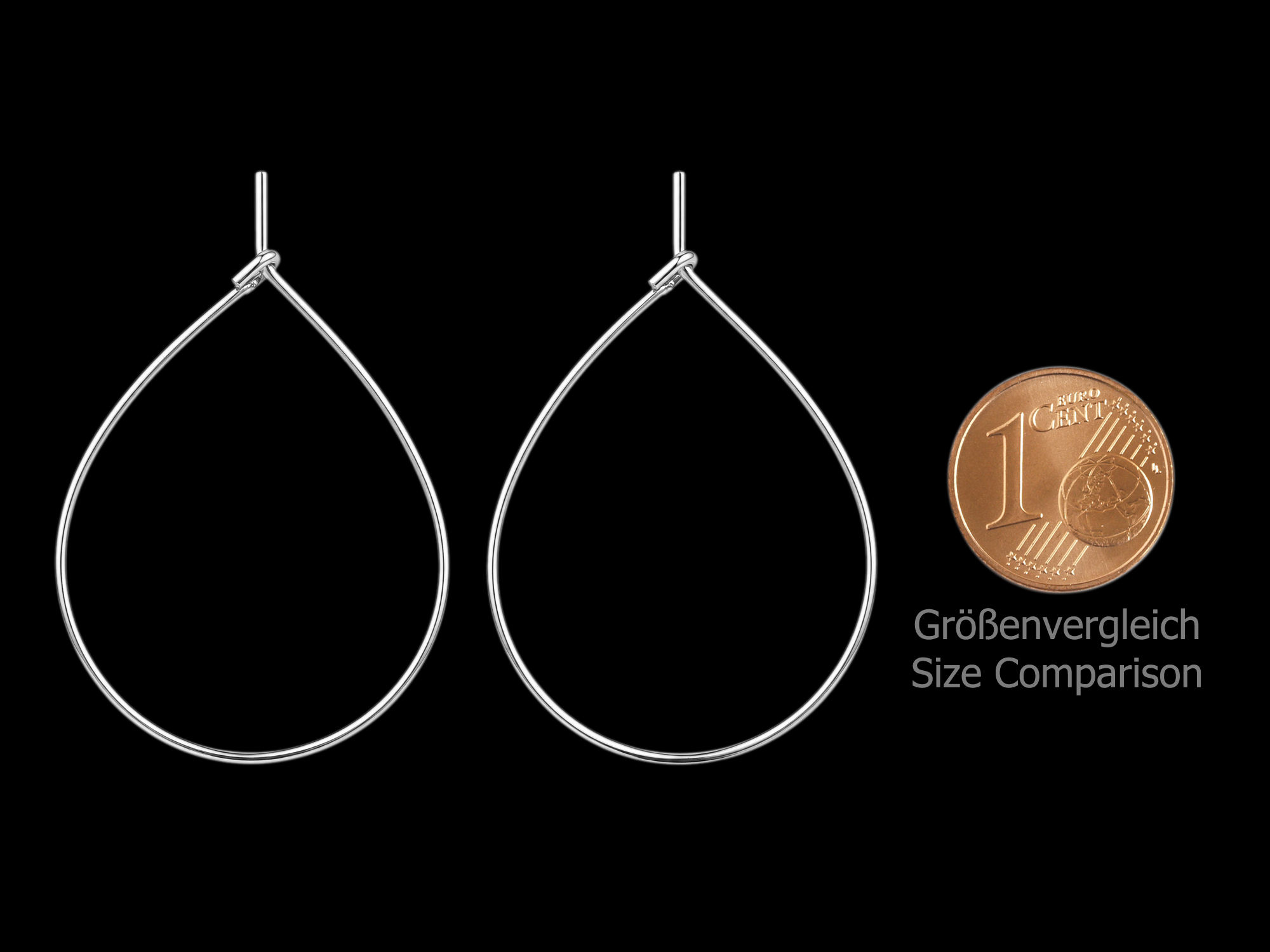silver hoop earring frames, teardrops ~40×30mm - size compar