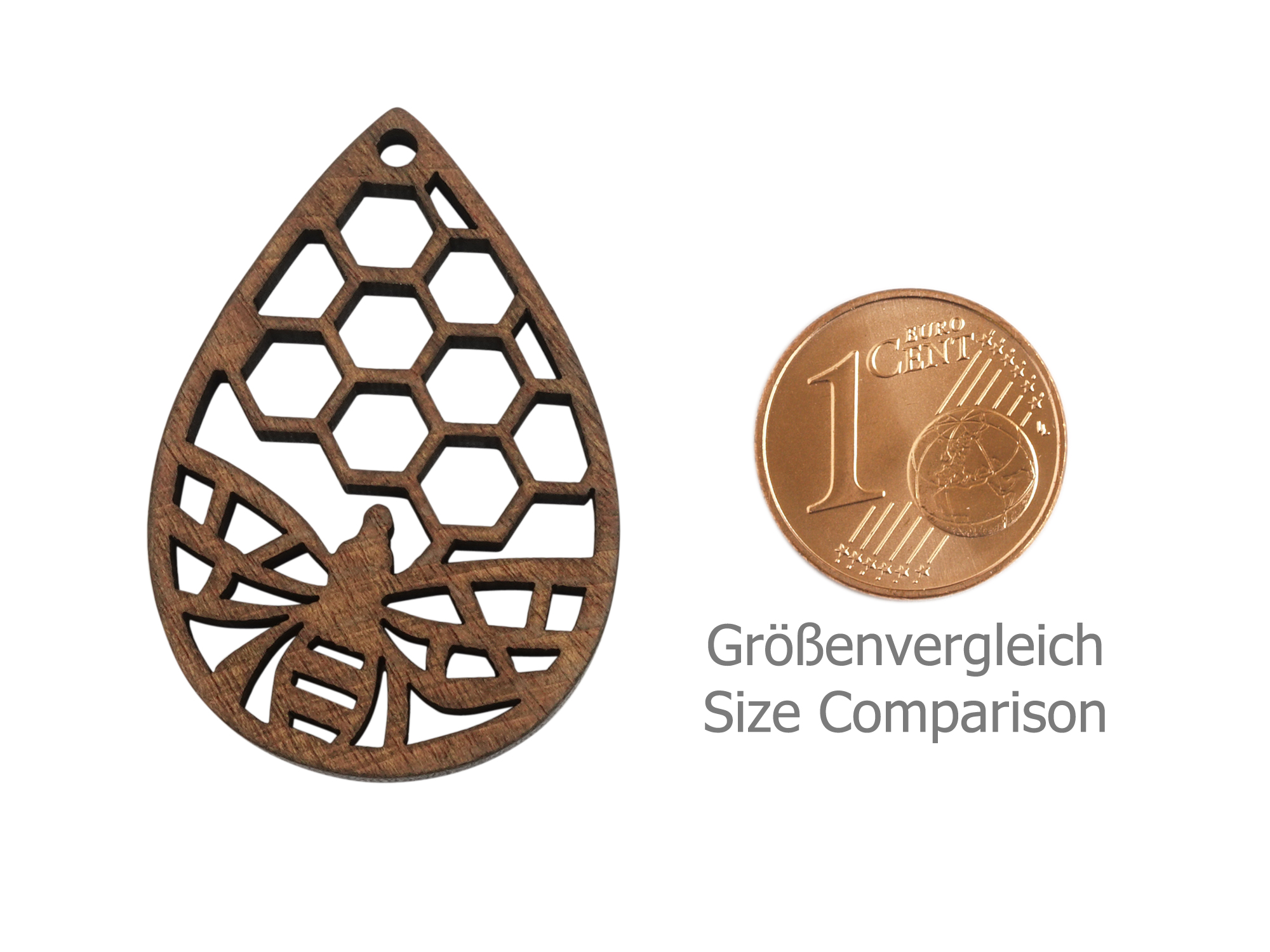 Holzanhänger mit einer Biene und mit Bienenwaben - Größenver