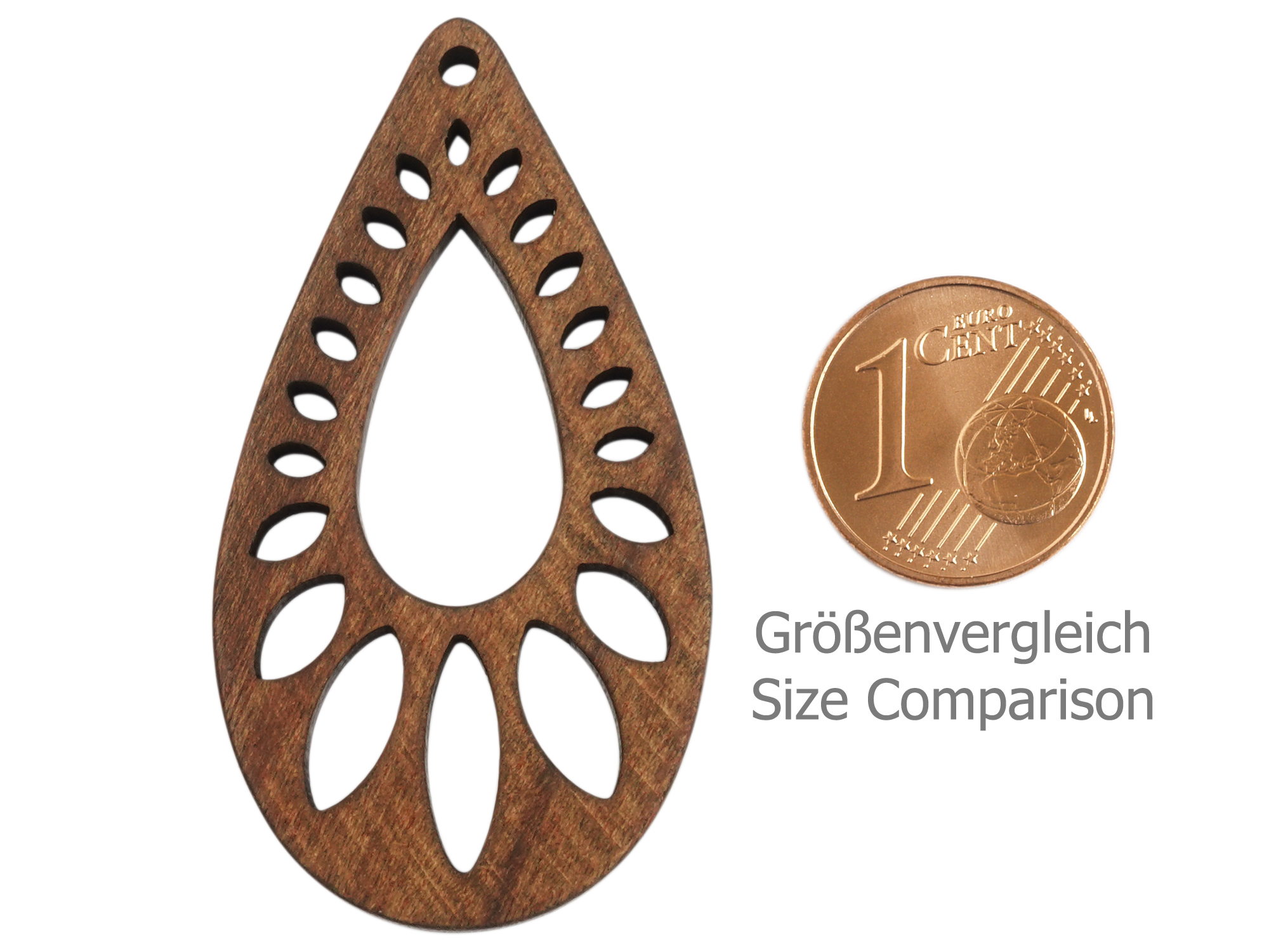 tropfenförmiger Holzanhänger für Holzohrringe - Größenvergle