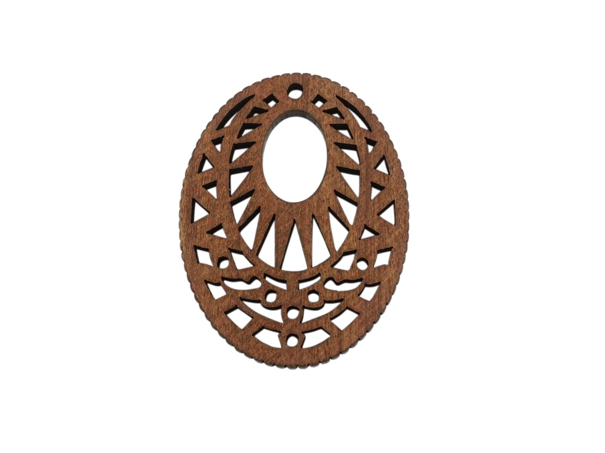 ovaler ornamentaler Holzanhängeraus aus Nussholz für Holzohr