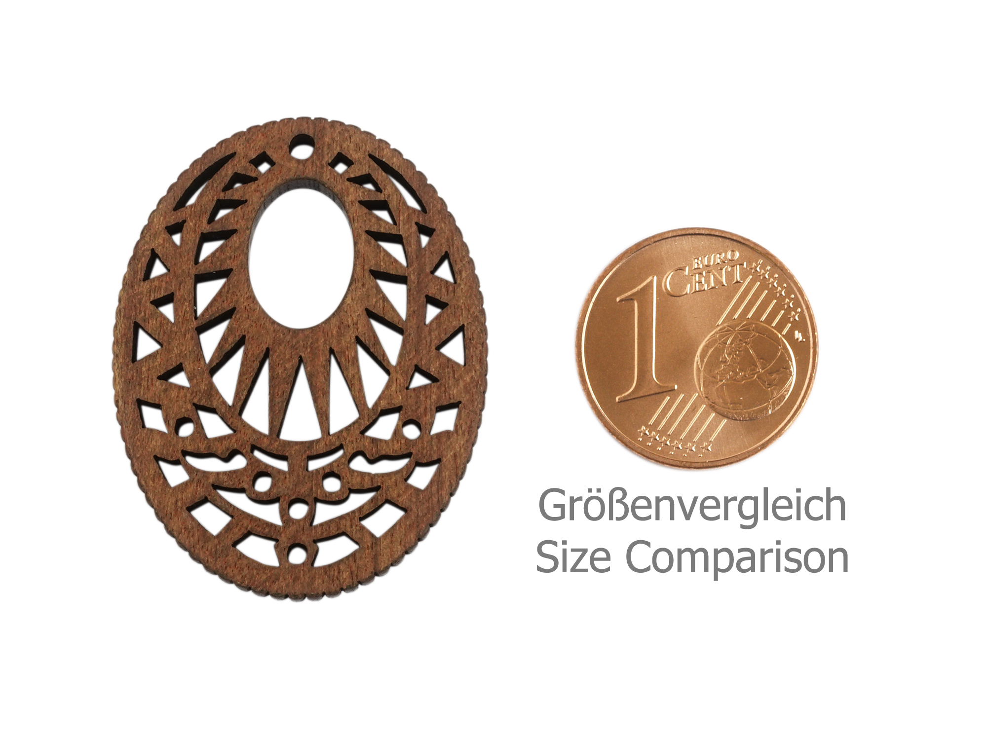 ovaler ornamentaler Holzanhängeraus aus Nussholz für Holzohr