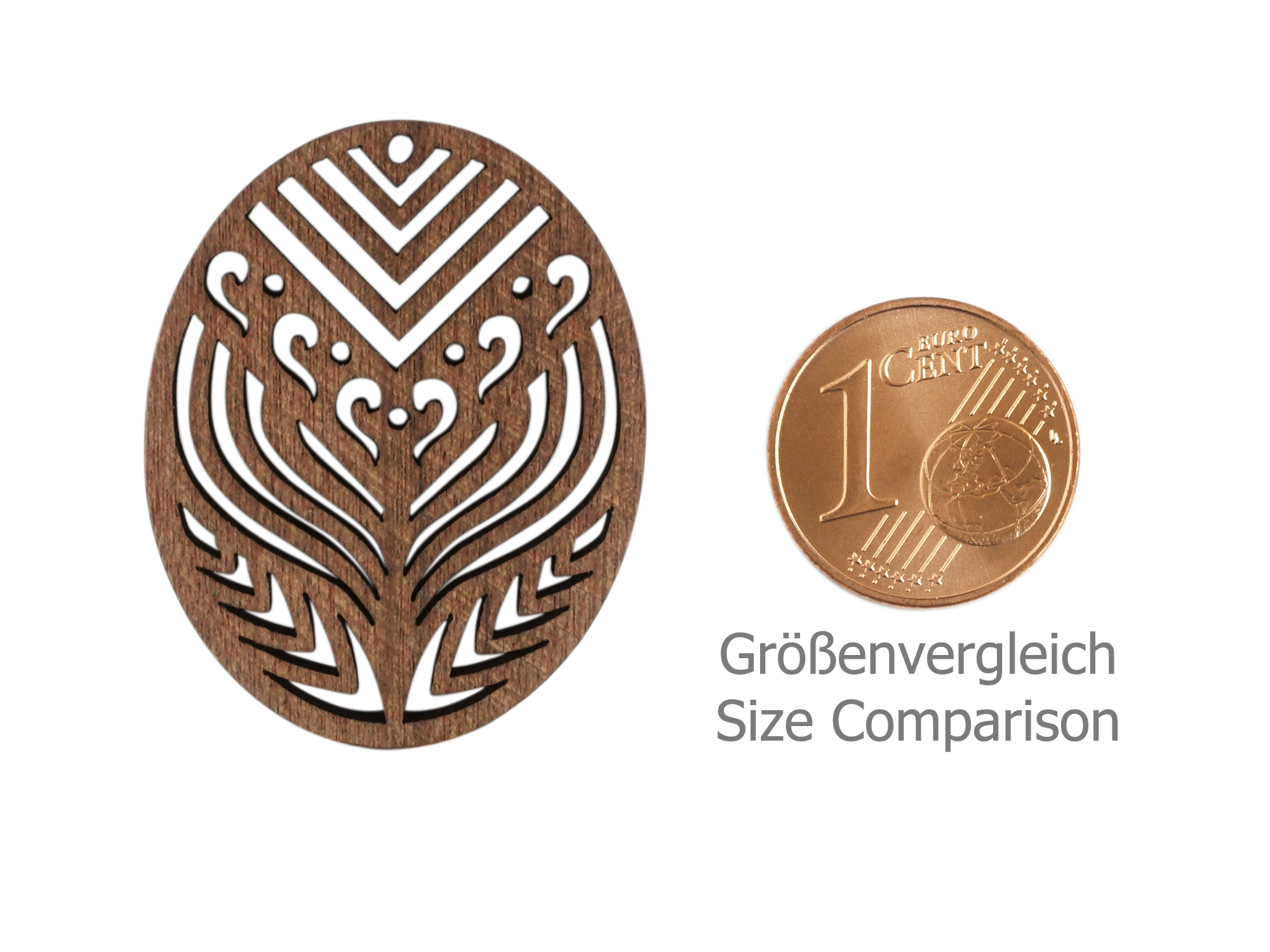 ovaler ornamentaler Holzanhängeraus aus Nussholz für Holzohr