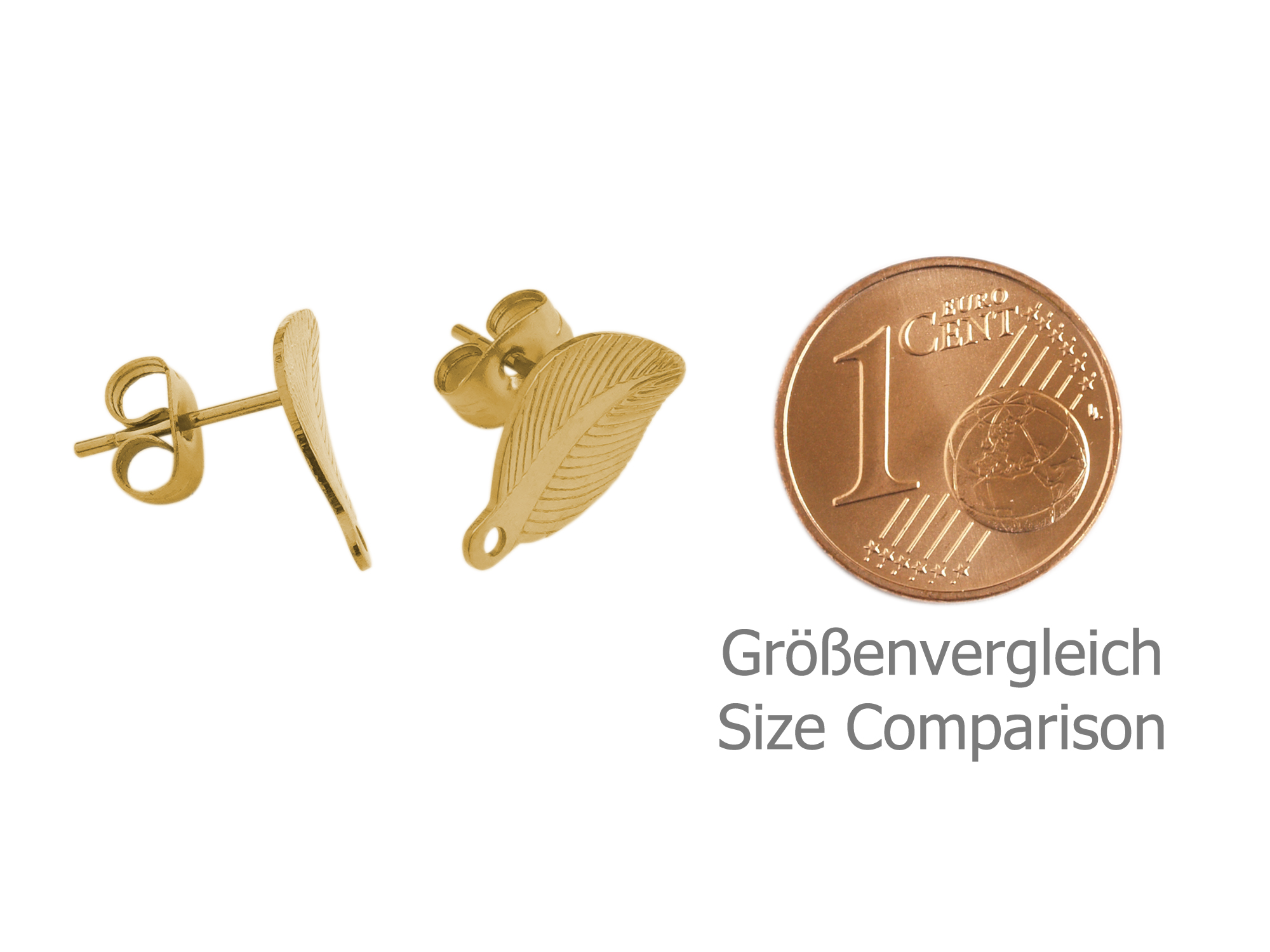 goldene, blattförmige Ohrstecker aus Edelstahl - Größenvergl