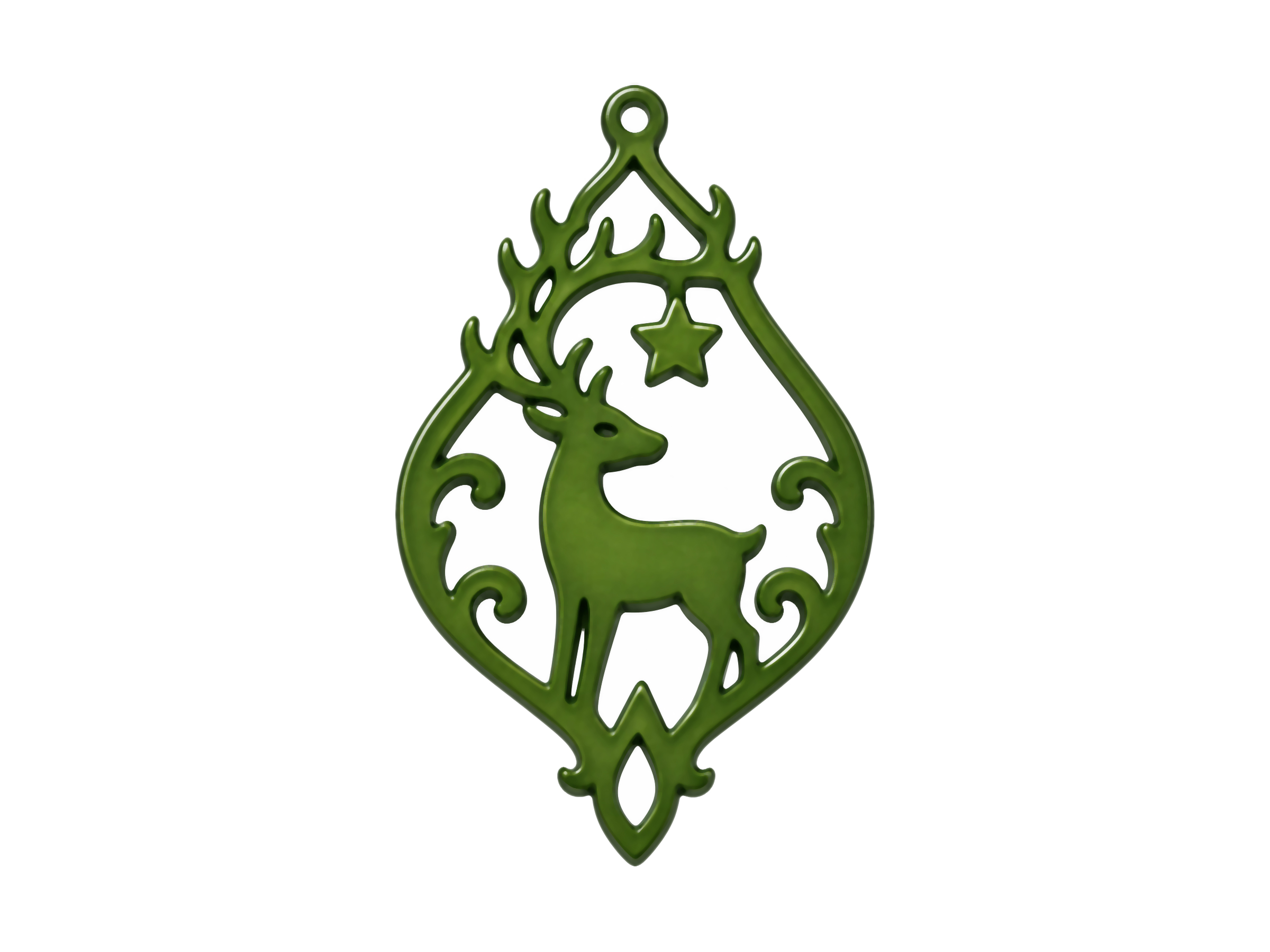 große dunkelgrüne vegane Ornamente mit einem Hirsch