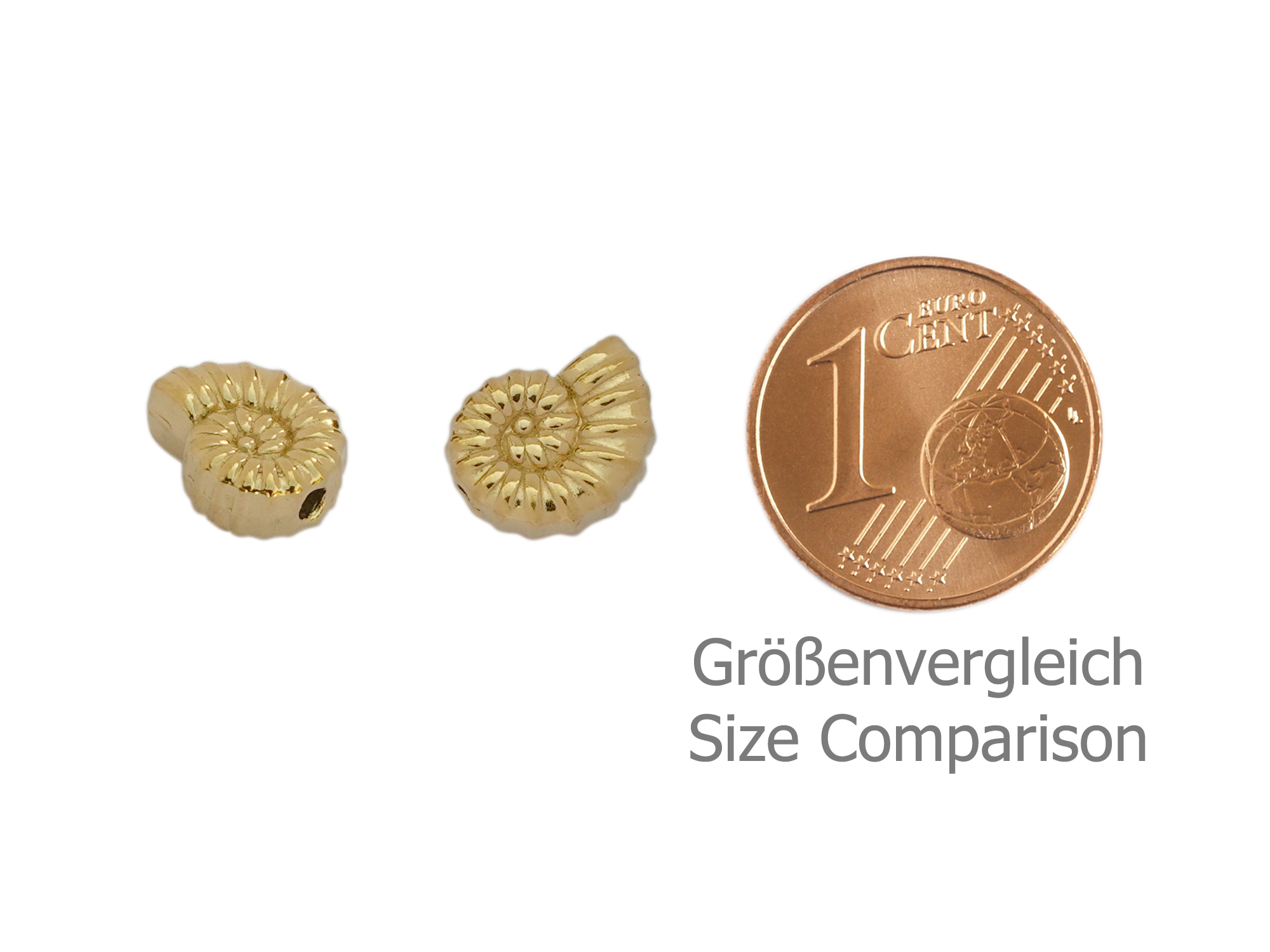goldene Metallperle in Form einer fossilen Schnecke - Größen