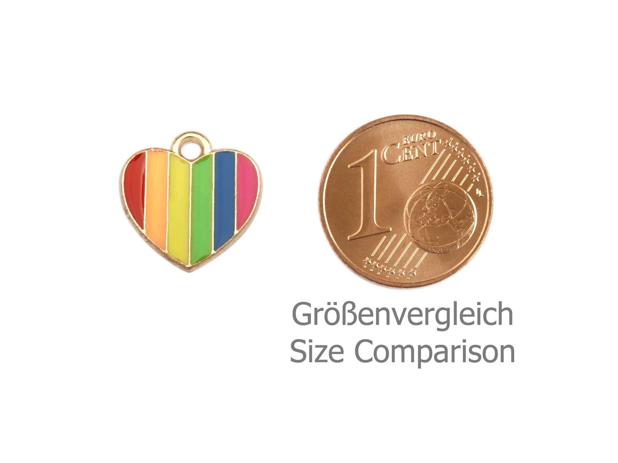 Schmuckanhänger - Herz in Regenbogenfarben - Größenvergleich