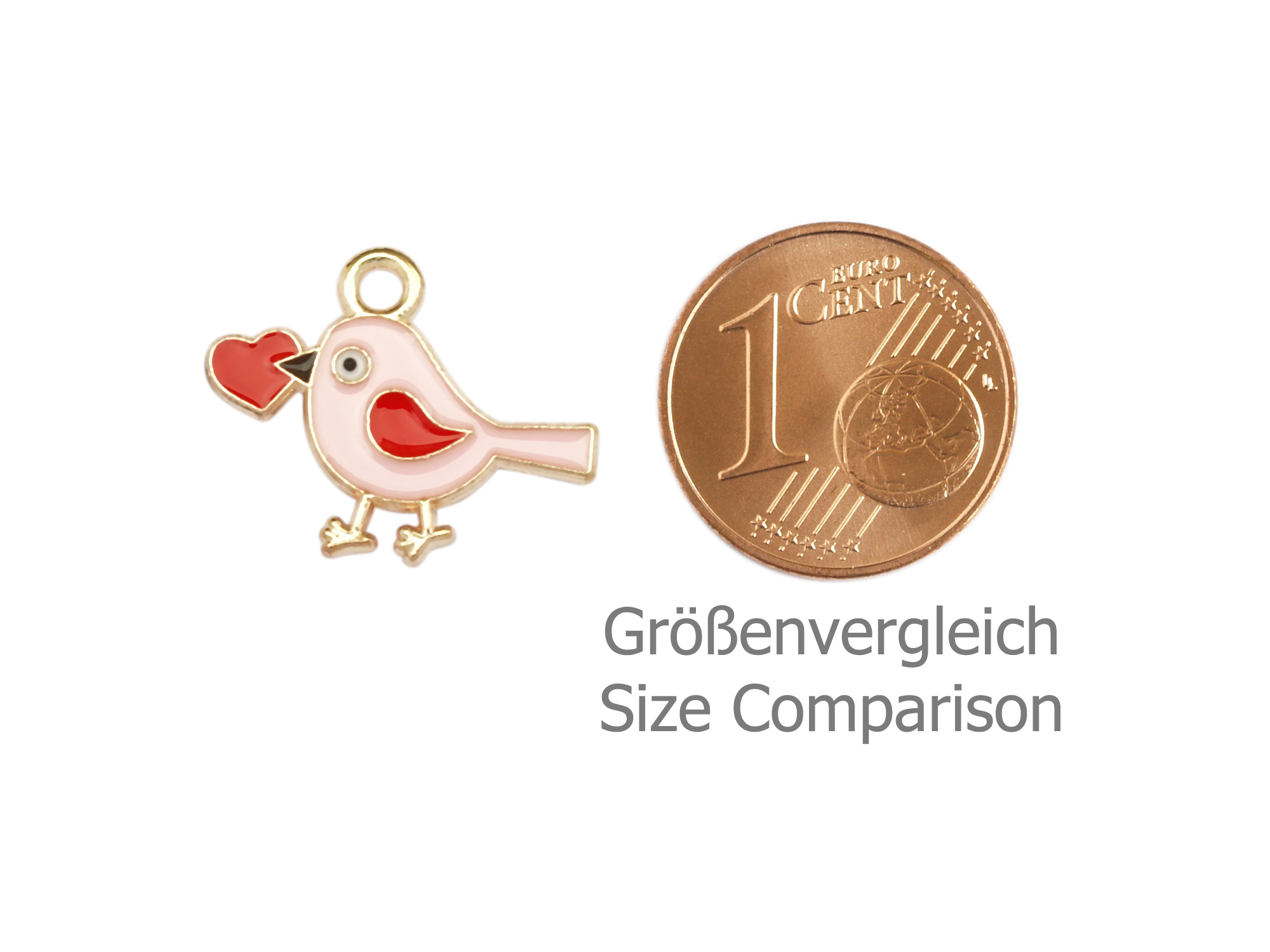 Schmuckanhänger - rosa Vogerl mit einem roten Herz im Schnab