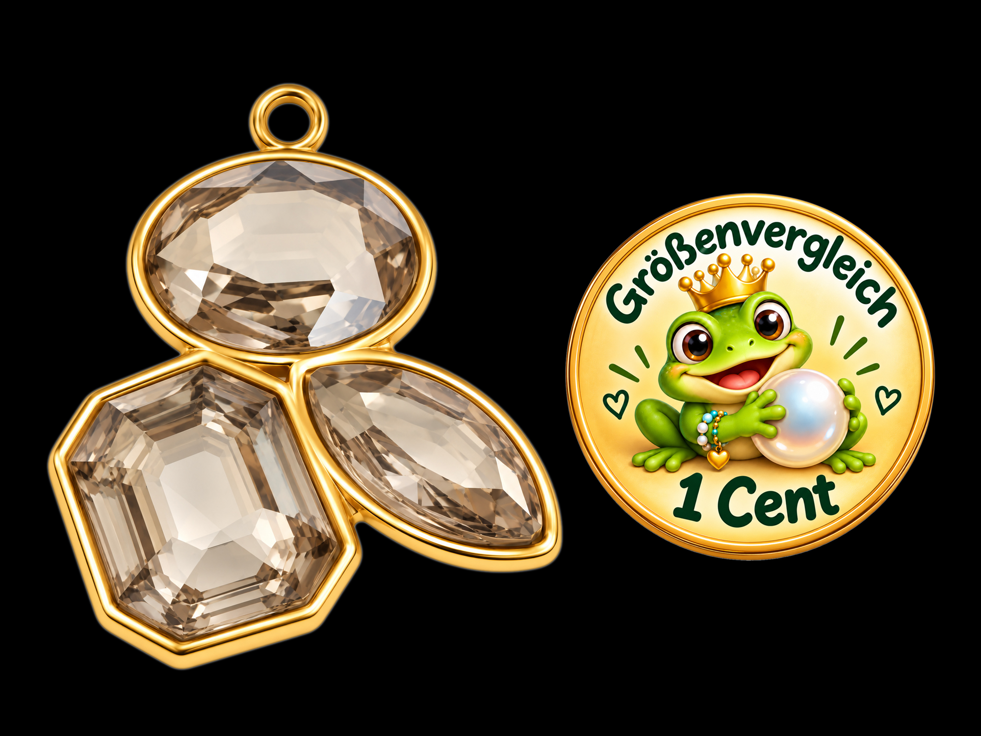Schmuckanhänger mit drei Glitzersteinen - Größenvergleich