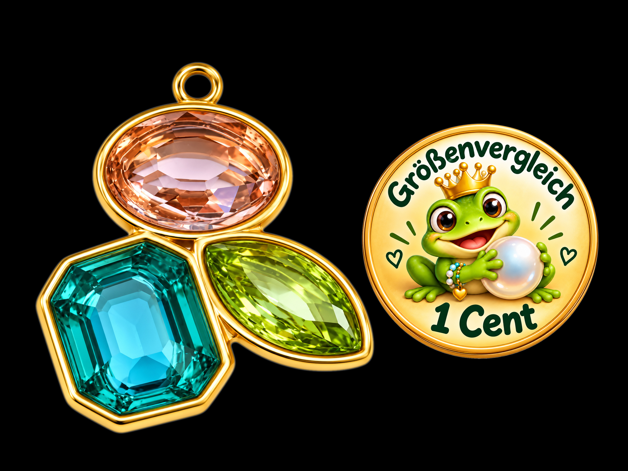 Schmuckanhänger mit drei Glitzersteinen - Größenvergleich