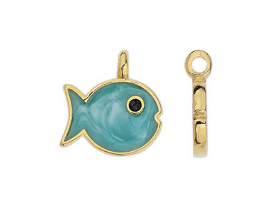 goldener Schmuckanhänger, Charm - türkiser Fisch