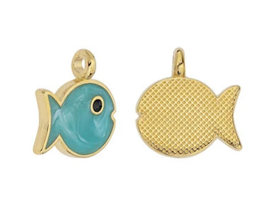 goldener Schmuckanhänger, Charm - türkiser Fisch