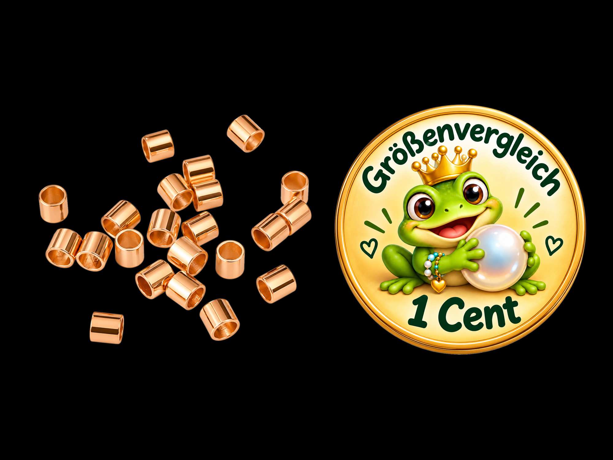 rosegoldene Quetschröhrchen 2x2mm - Größenvergleich