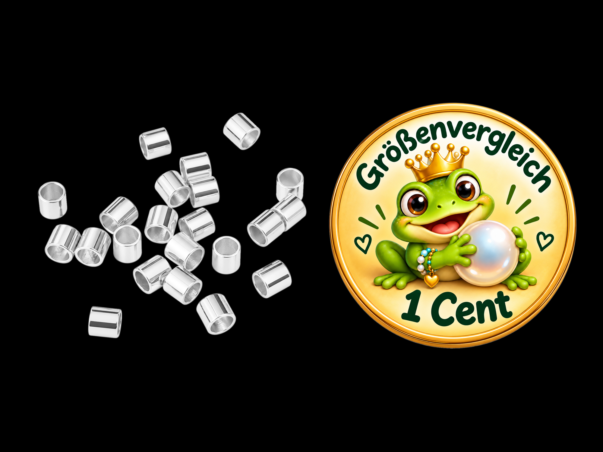 silberne Quetschröhrchen 2x2mm - Größenvergleich