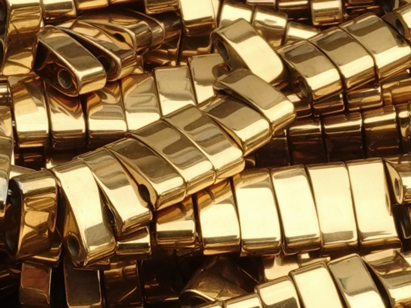 golden Half Tila two-hole hematite gemstone beads - close-up