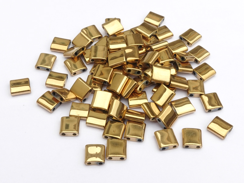 golden Tila beads 5x5mm, two-hole hematite gemstone beads fo