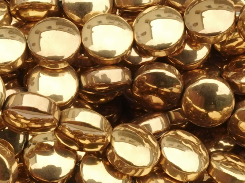 golden, lentil-shaped hematite gemstone beads - close-up