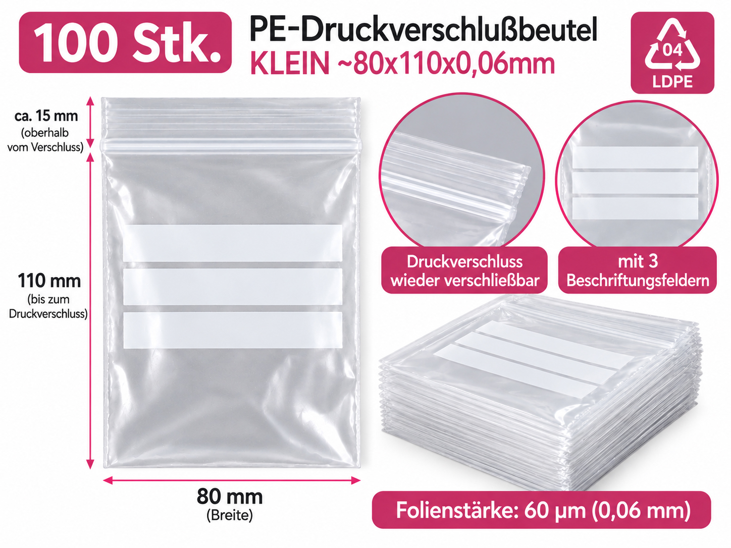 100 Stück Beschriftungsbeutel 80x110mm mit Beschriftungsfeld