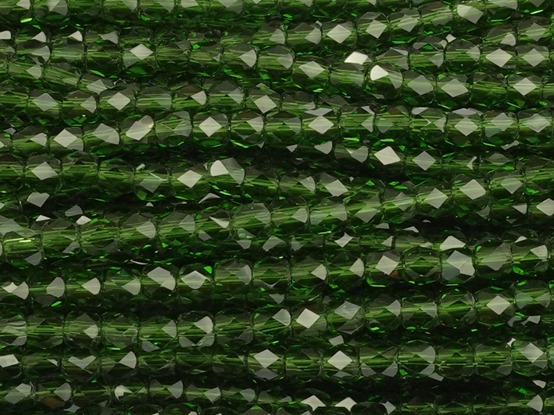 barrel-shaped, faceted glass beads 3mm, color: dark green